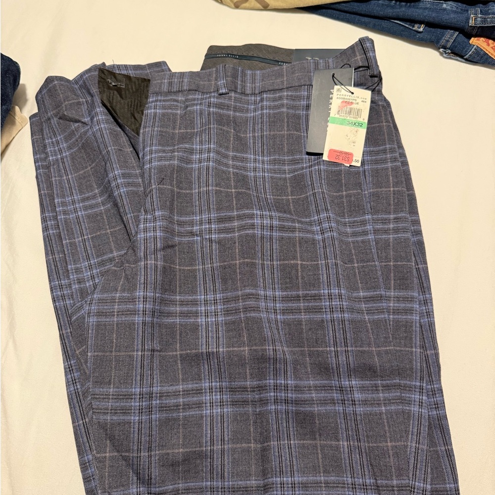 Perry Ellis Blue and Gray Plaid Slim Fit Pants